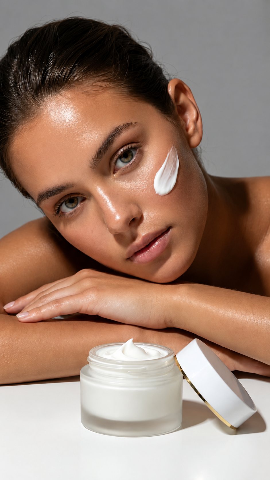 Woman applying face cream beside an open skincare jar